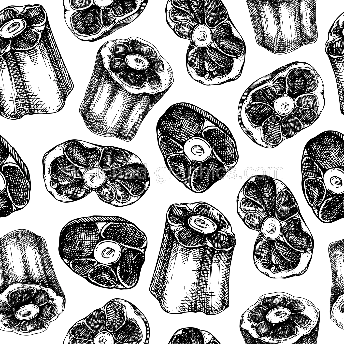 Butchery pattern. Raw oxtail with meat sketches. Organ meat seamless endless background design. Repeating print with hand drawn tail of cattle. Vector food illustration for fabric, textile, packaging Illustration